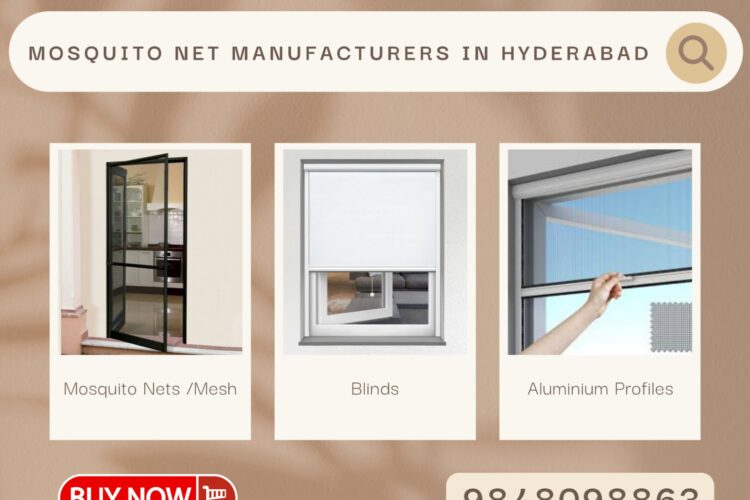 Spectra mosquito net manufacturers in Hyderabad promotional image showing product photos of mosquito mesh doors, blinds, and aluminum profiles, with buy button, website, phone number, and tagline for safety and elegance.