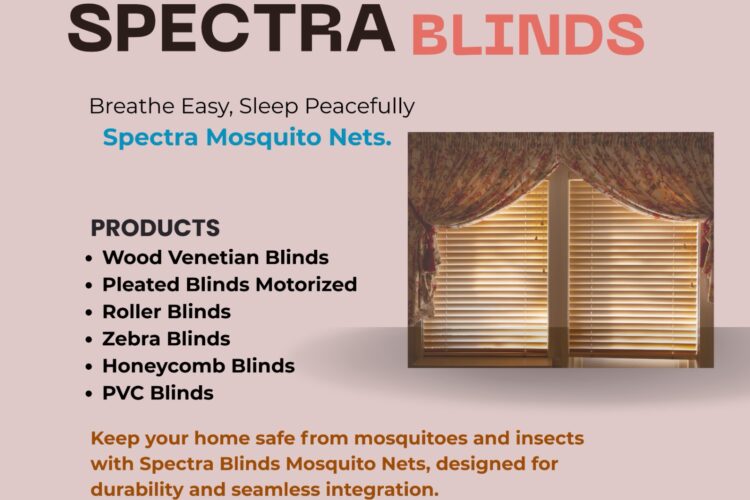 A window with elegant wooden Venetian blinds behind floral curtains, promoting Spectra Blinds’ mosquito nets and stylish blinds products for safe and comfortable homes.