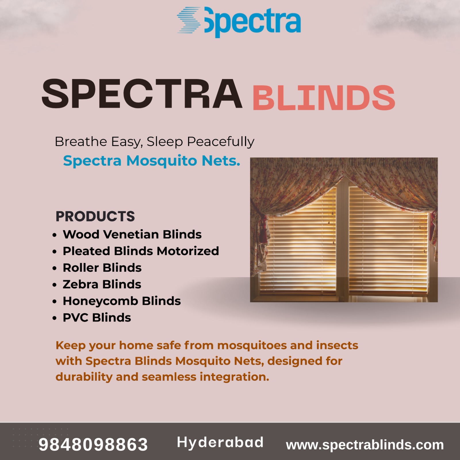 A window with elegant wooden Venetian blinds behind floral curtains, promoting Spectra Blinds’ mosquito nets and stylish blinds products for safe and comfortable homes.