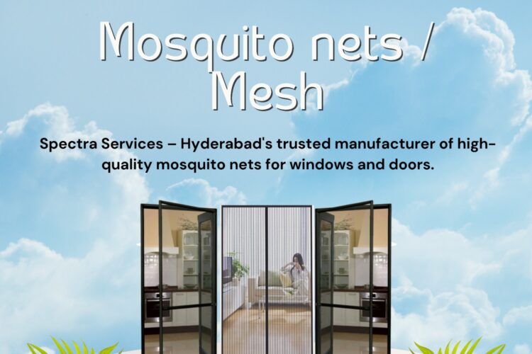 Spectra Mosquito Nets / Mesh promotional graphic against a sky background, showing a pleated mesh door on a podium, brand logo, contact info, website, and tagline for Hyderabad customers.