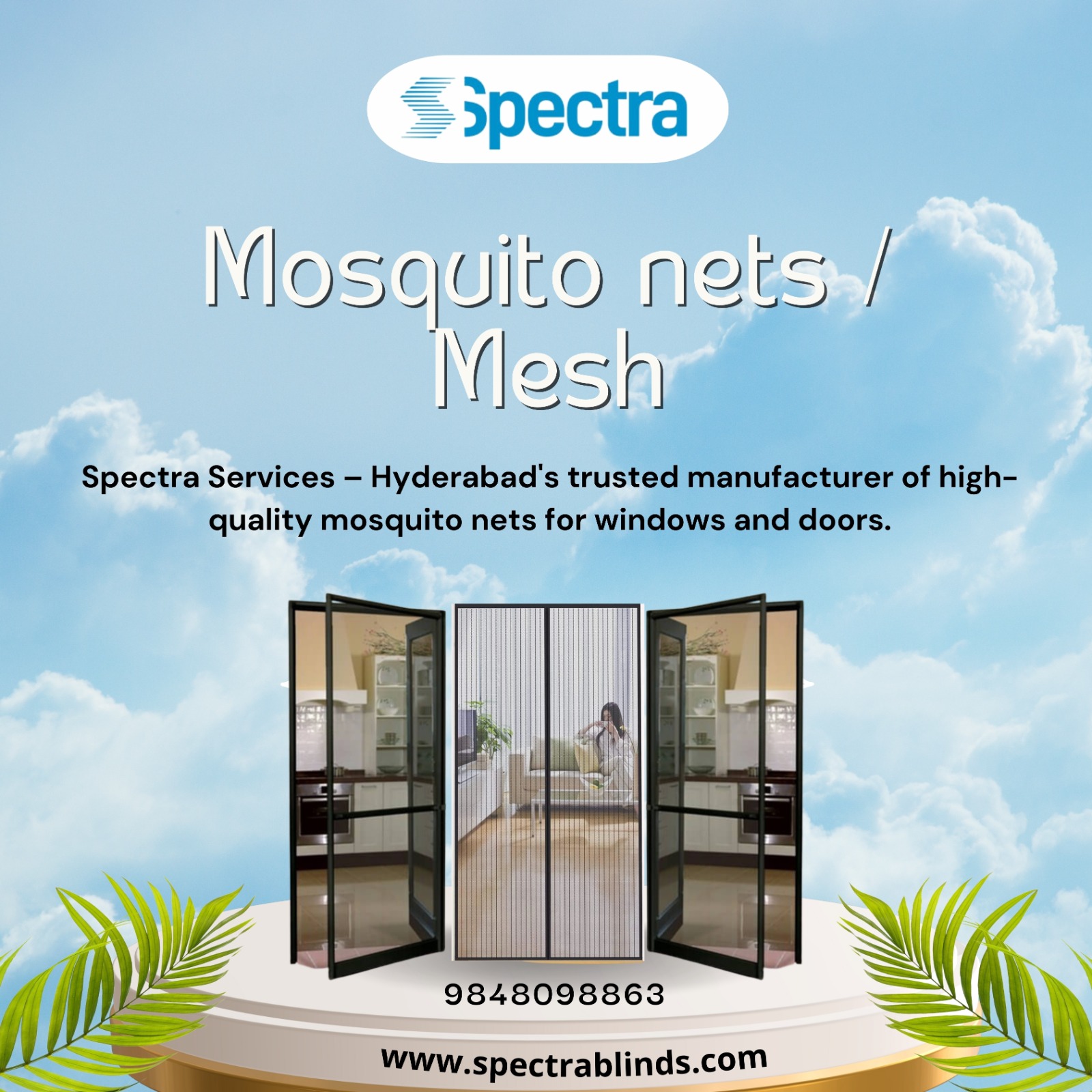 Spectra Mosquito Nets / Mesh promotional graphic against a sky background, showing a pleated mesh door on a podium, brand logo, contact info, website, and tagline for Hyderabad customers.