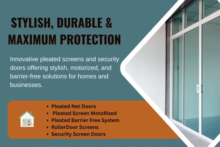 Sliding security door installed in a modern home with Spectra branding and service information for pleated screens, motorized screens, barrier-free systems, roller screens, and security doors.