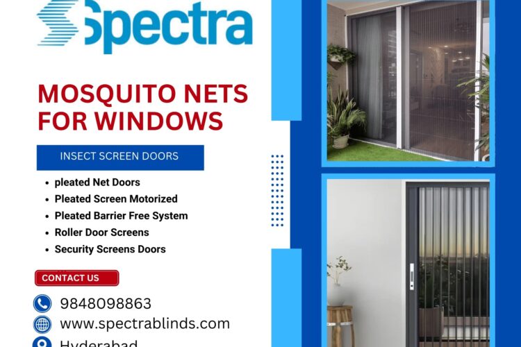 Spectra Blinds promotional image highlighting mosquito nets for windows and insect screen doors, featuring pleated net and motorized screens, product photos, company branding, contact information, and Hyderabad location.