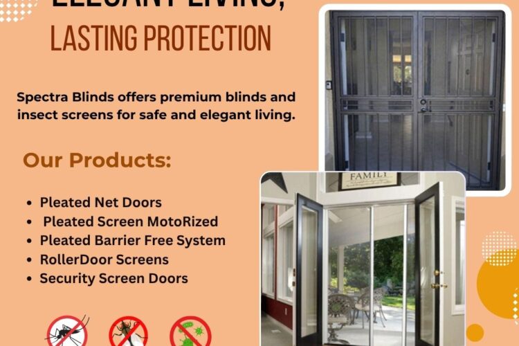 Spectra Blinds product showcase featuring pleated net doors, motorized pleated screens, barrier-free systems, roller door screens, and security screen doors, with insect protection icons and contact details for Hyderabad location.