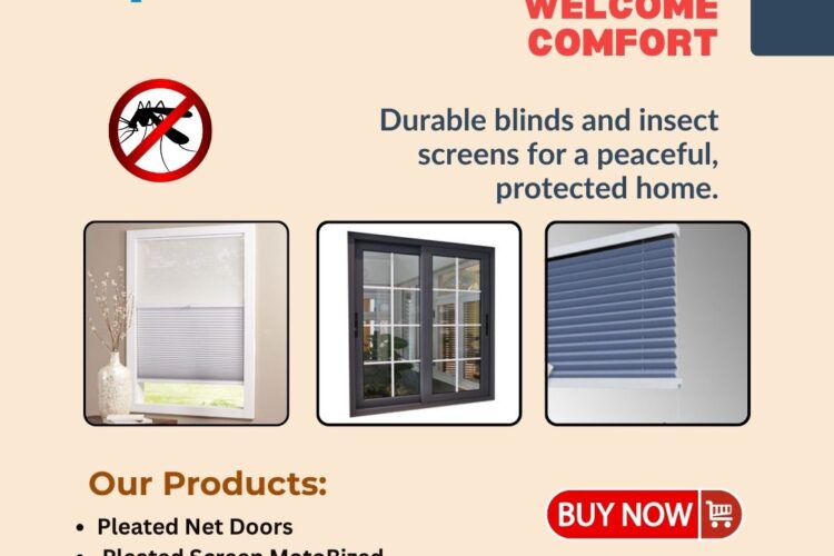 Spectra Blinds promotional graphic displaying pleated net doors, security screen doors, and roller door screens, highlighting durable insect protection solutions for homes in Hyderabad, with product images, a call-to-action, and contact information.