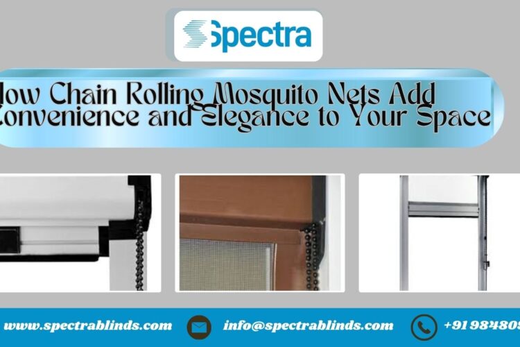 Chain rolling mosquito net installed on a window, offering insect protection with elegant design.