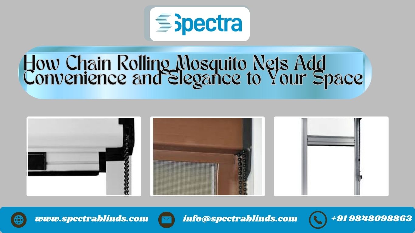 Chain rolling mosquito net installed on a window, offering insect protection with elegant design.