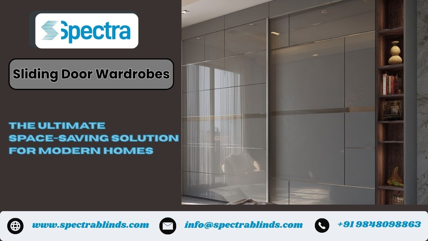 Modern bedroom with sleek sliding door wardrobe in glass and wood finish