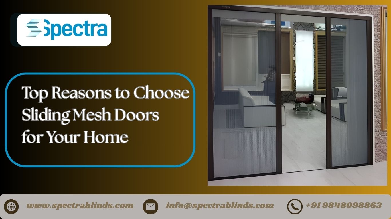 Modern sliding mesh door installed on a balcony entrance for natural ventilation and insect protection.