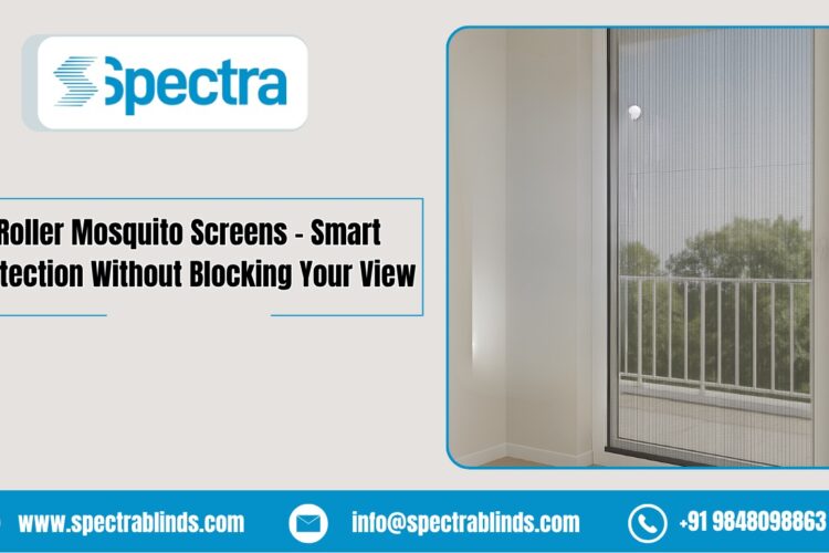 Roller mosquito screen installed on balcony door by Spectra Blinds in Hyderabad
