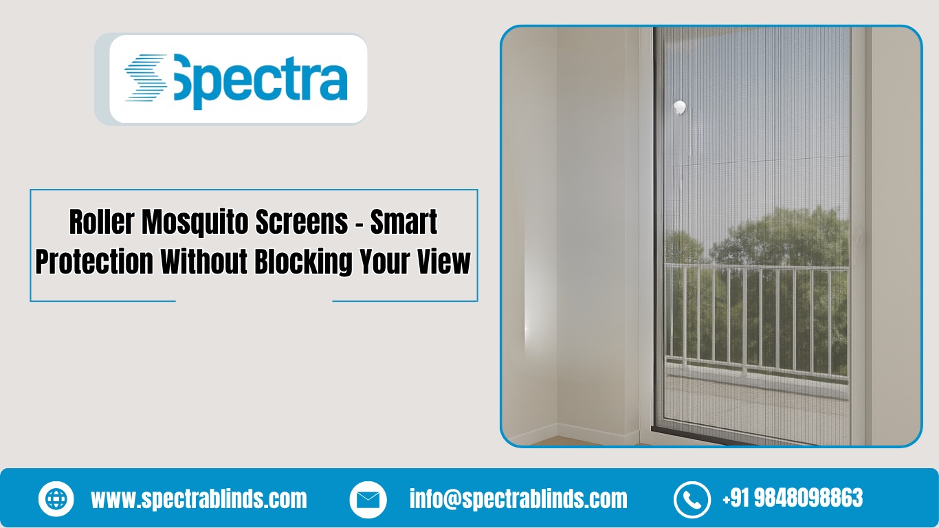 Roller mosquito screen installed on balcony door by Spectra Blinds in Hyderabad