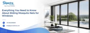Spectra Blinds website banner titled "Everything You Need to Know About Sliding Mosquito Nets for Windows", showcasing a contemporary open-concept living space with full-height black sliding glass patio doors facing an outdoor swimming pool and garden landscape.
