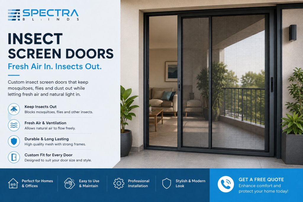 Spectra sliding insect screen door installed on a modern living room balcony doorway overlooking an outdoor balcony.