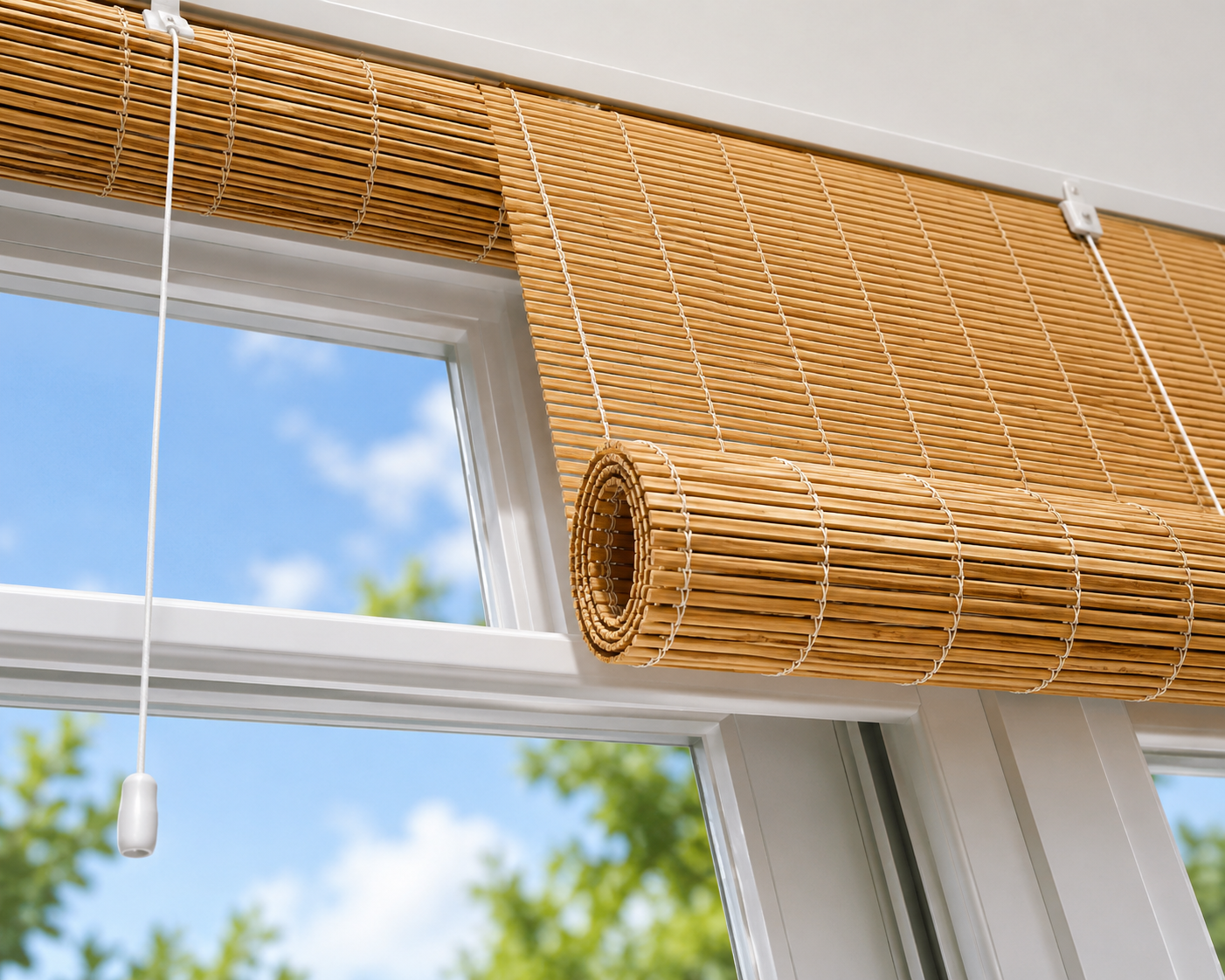Natural bamboo roll-up reed blind with white pull cord mounted across the top frame of a white window against a sunny blue sky.