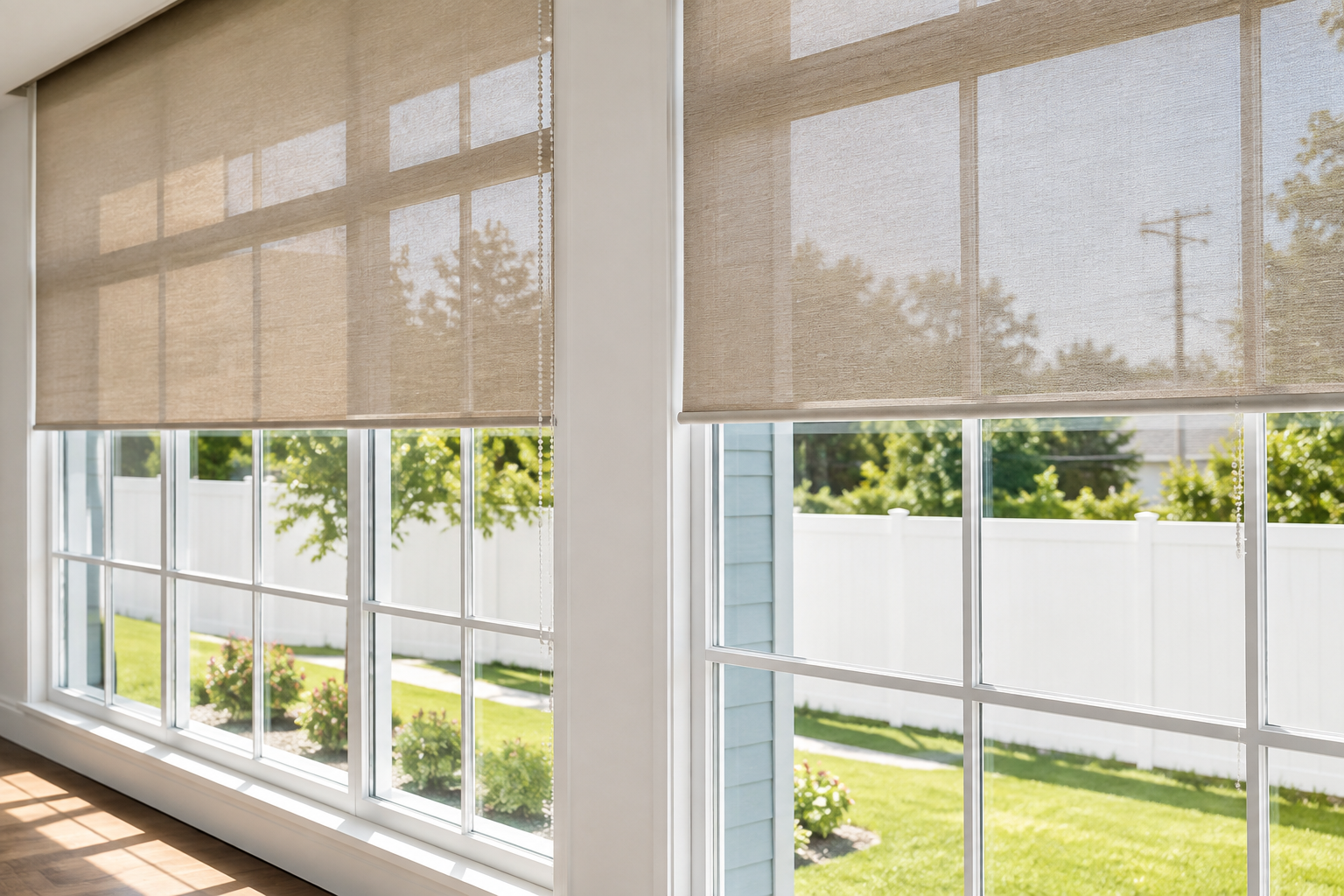 Warm beige solar screen roller blinds half-drawn over large colonial grid windows overlooking a bright green lawn and white picket fence.