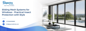 Spectra Blinds website banner advertising sliding mesh systems for windows, featuring a modern luxury living room with black-framed floor-to-ceiling sliding glass patio doors opening to a poolside terrace and nature view.