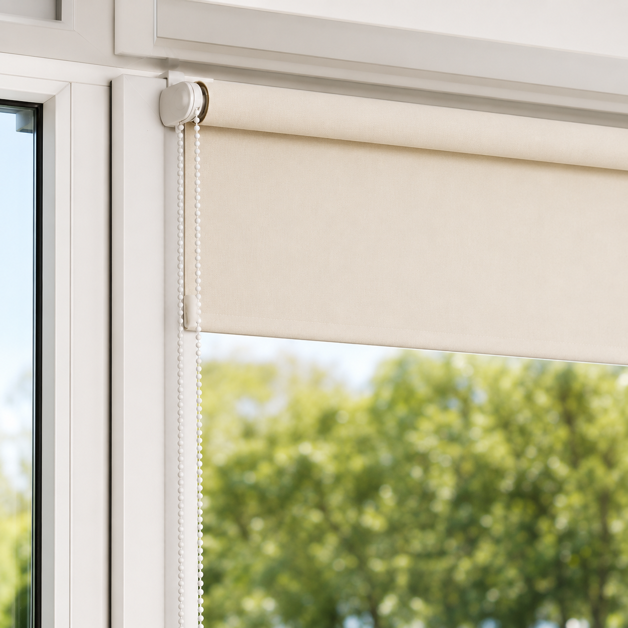 Close-up of a cream-colored blackout roller blind mounted on a white window frame, featuring a white beaded pull chain with lush green trees outside.