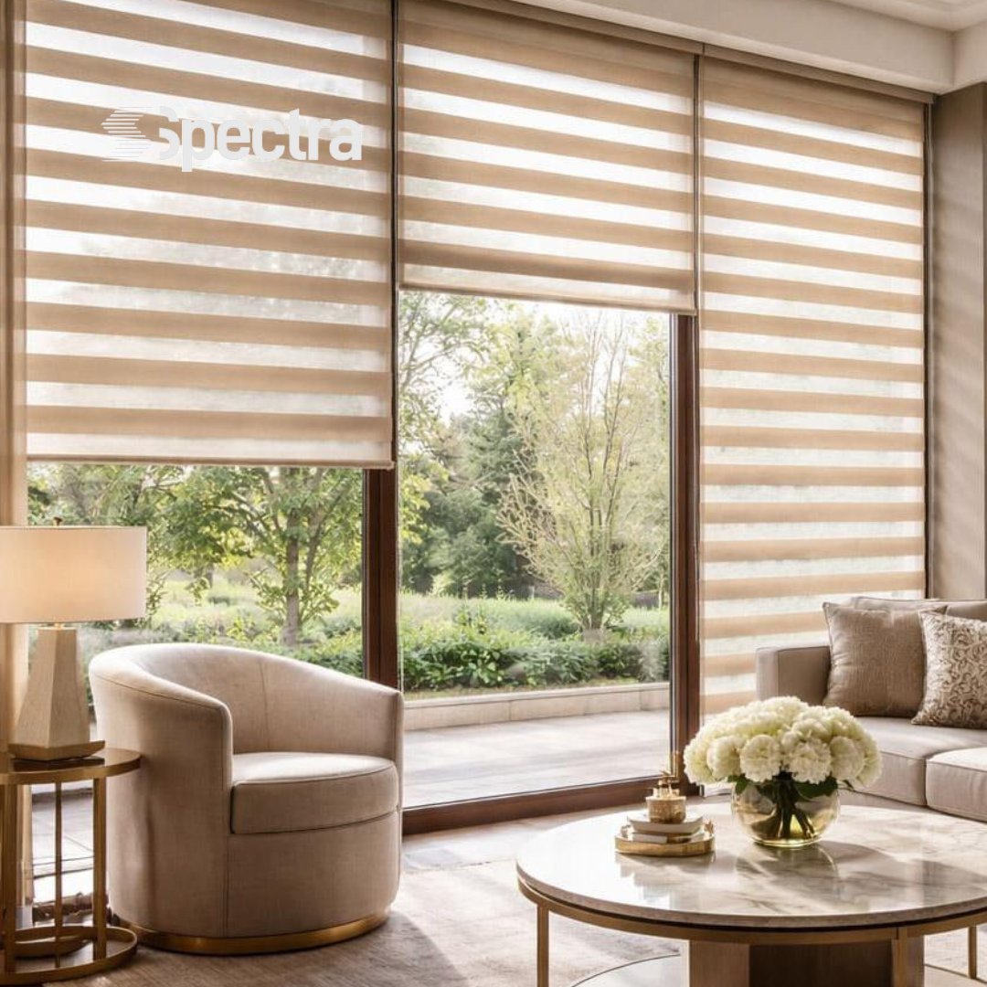 Beige zebra blinds installed in a living room