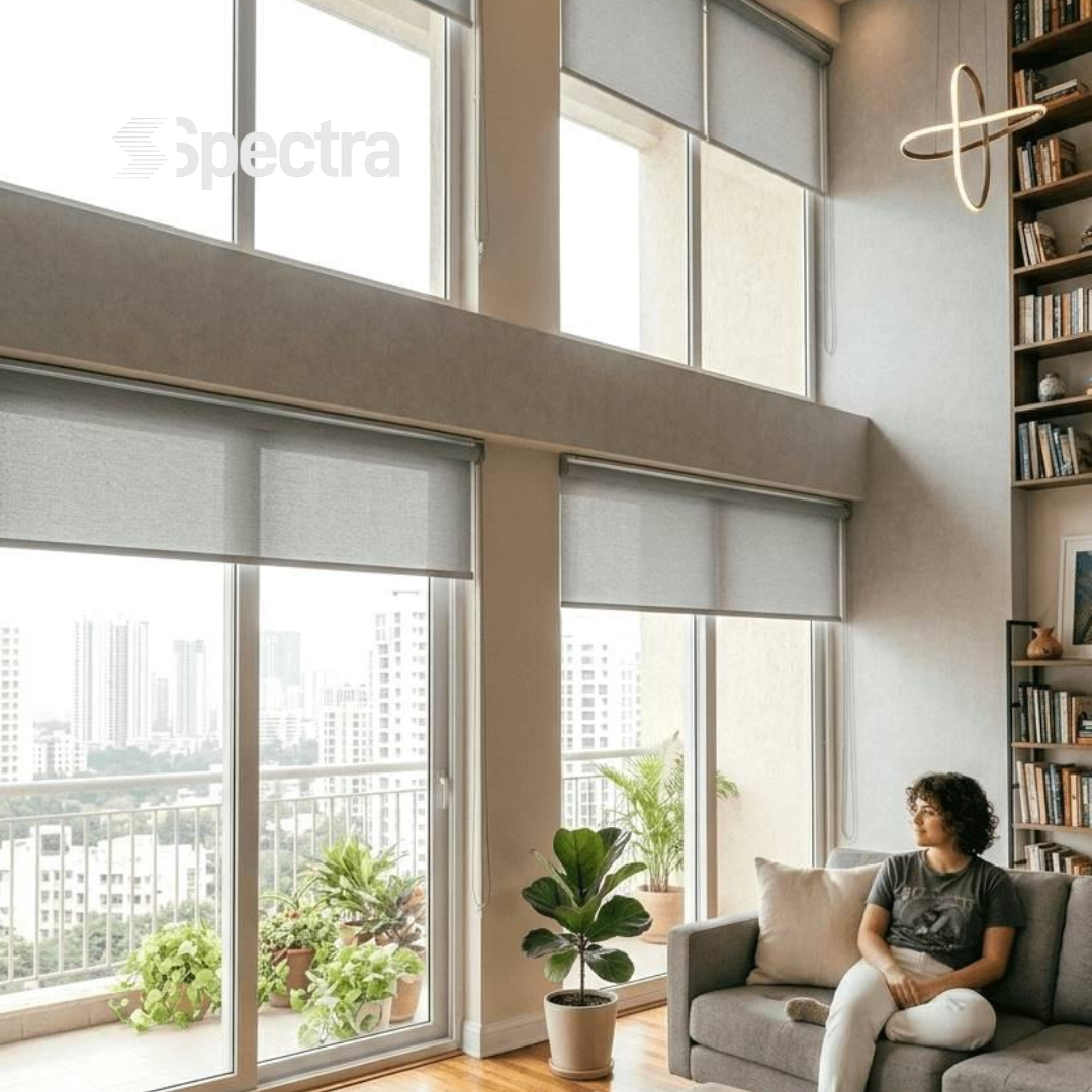 Roller blinds installed in a modern living room
