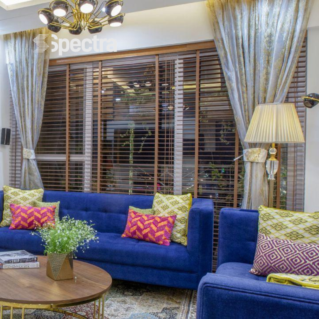 Wooden Venetian blinds installed in a modern living room